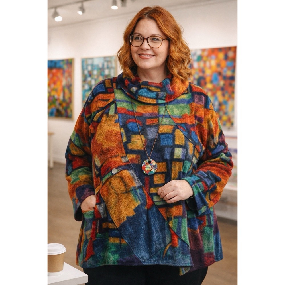 Ali Miles‎ Top 3X Wearable Art Abstract Geometric Fleece Boho Teacher Cozy Plus